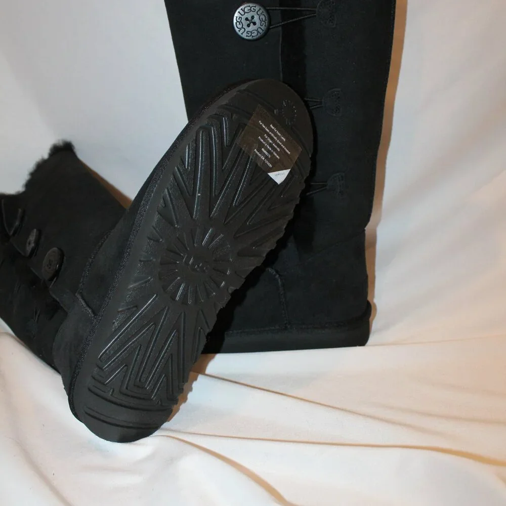 NEW UGG BAILEY BUTTON WATER RESISTANT TALL SUEDE SHEARLING LINED BOOTS BLACK‎